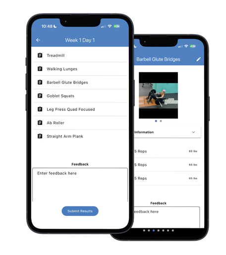 The TBC Wellness app showing a personalized Week 1 Day 1 workout and an exercise detail screen for barbell glute bridges.